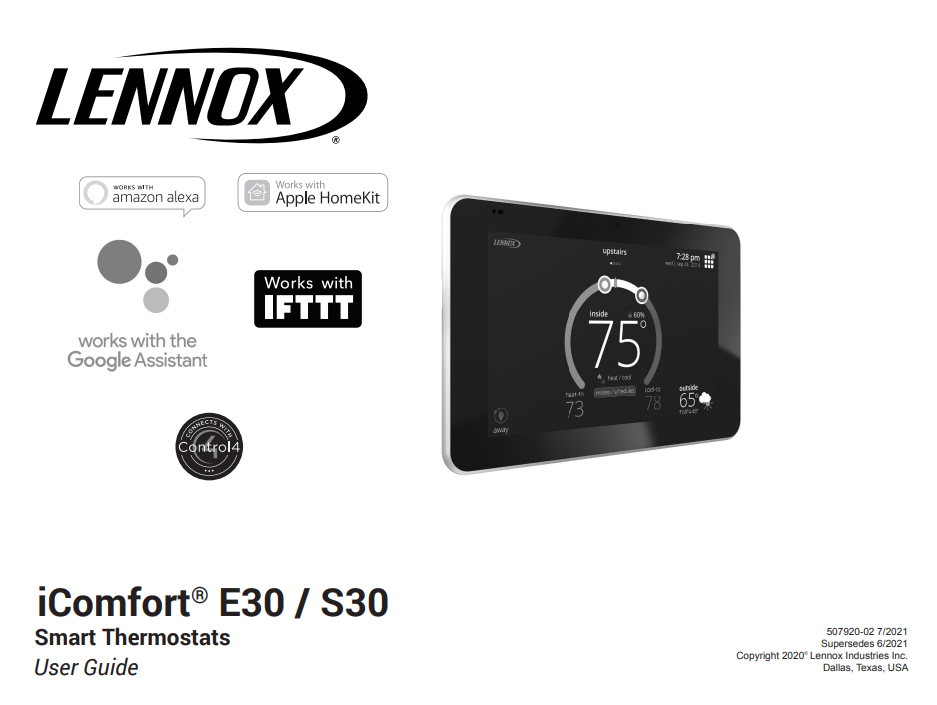 Lennox S30 E30 Thermostat User Manual cover photo
